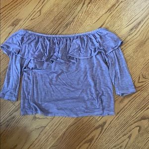 Off-the shoulder quarter length purple top.